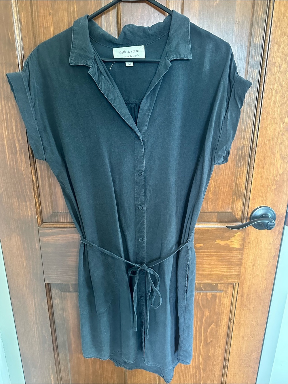 cloth & stone Black Short-Sleeve Button-Up Shirt Dress with Waist Tie